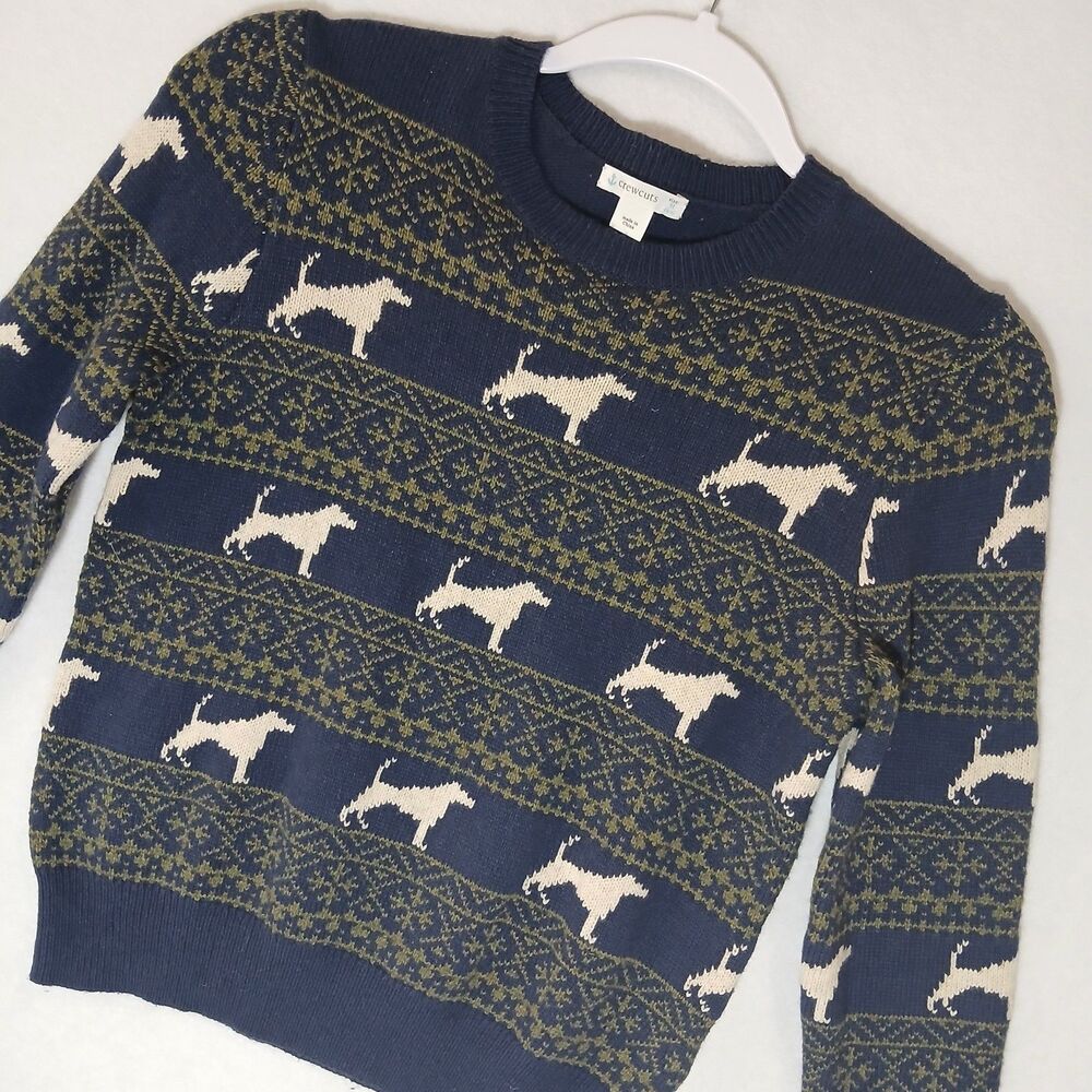 J Crew Crewcuts Fair Isle Navy Blue Crew Neck Sweater Sz Med 8-9 Dogs #1178